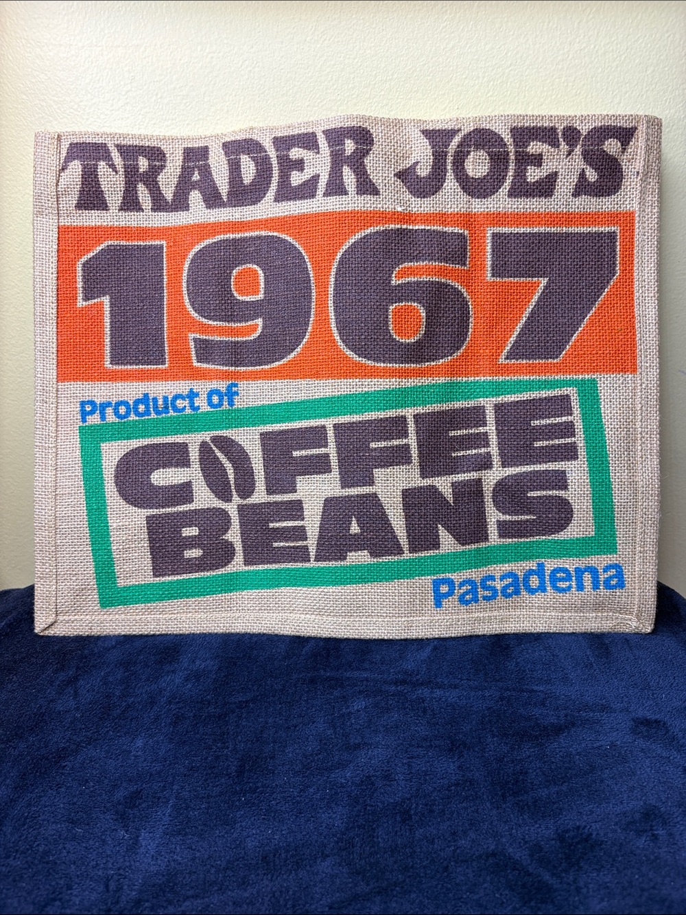 Trader Joe's Beige Burlap Coffee Beans Tote Bag with Orange and Teal Print